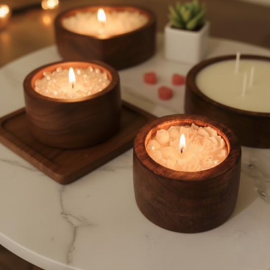 Hand-Poured Soy Wax Scented Candle in Wooden Jar – Elegant White Rose & Pearl (6cm x 8cm)