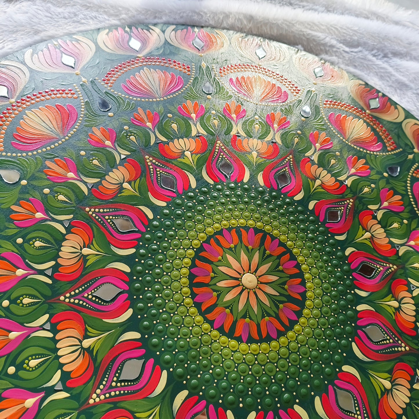 24-Inch Hand-Painted Dot Mandala Wooden Wall Art | Floral Leafy Pattern with Mirror Embellishments | Glossy Waterproof Finish | Zen Wall Art