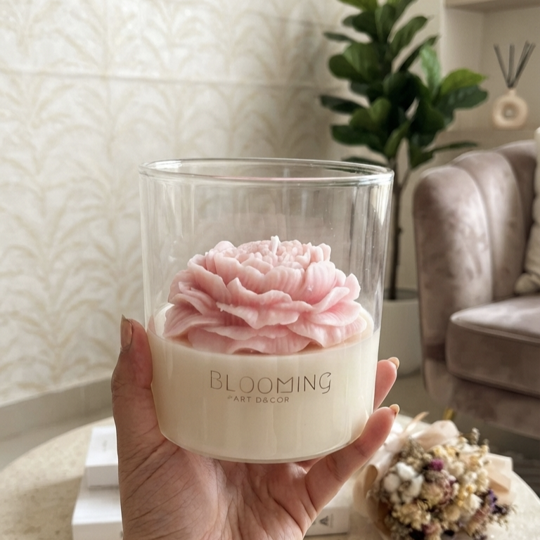 Hand-Poured Floral Soy Wax Candle in Glass Jar with Wooden Lid | 400ml Aesthetic Peony , Lotus Candle | Luxury Home Decor & Gift