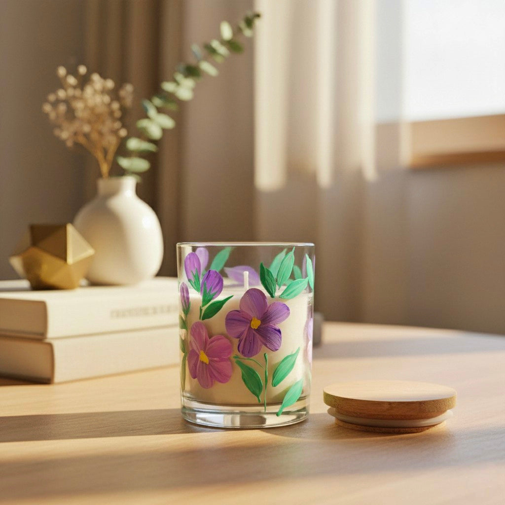 Hand-Painted Floral Candle Jar – Glass Candle Holder