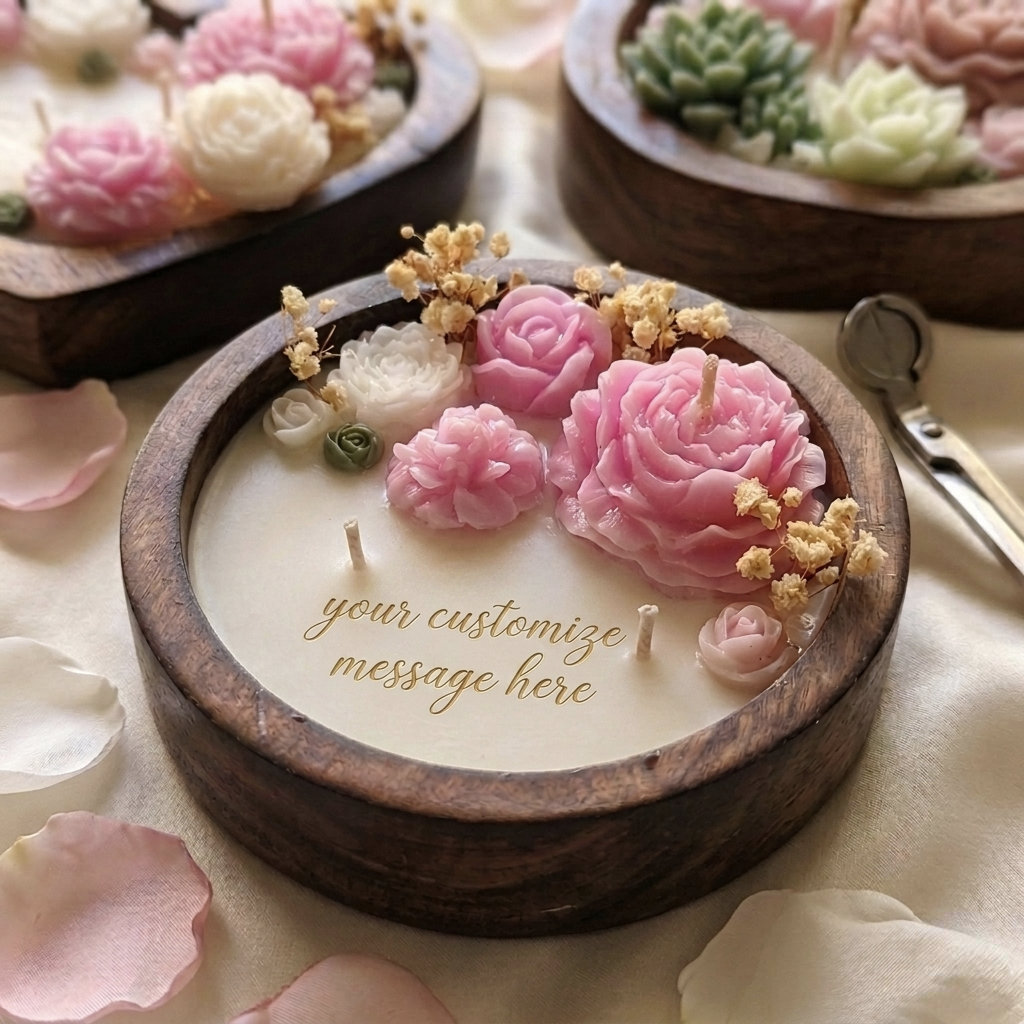 Handmade Wooden Dough Bowl Candle with Floral Embellishment  - Personalized message candle - lavender fragrance