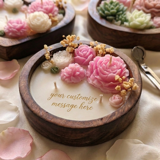 Handmade Wooden Dough Bowl Candle with Floral Embellishment  - Personalized message candle - lavender fragrance