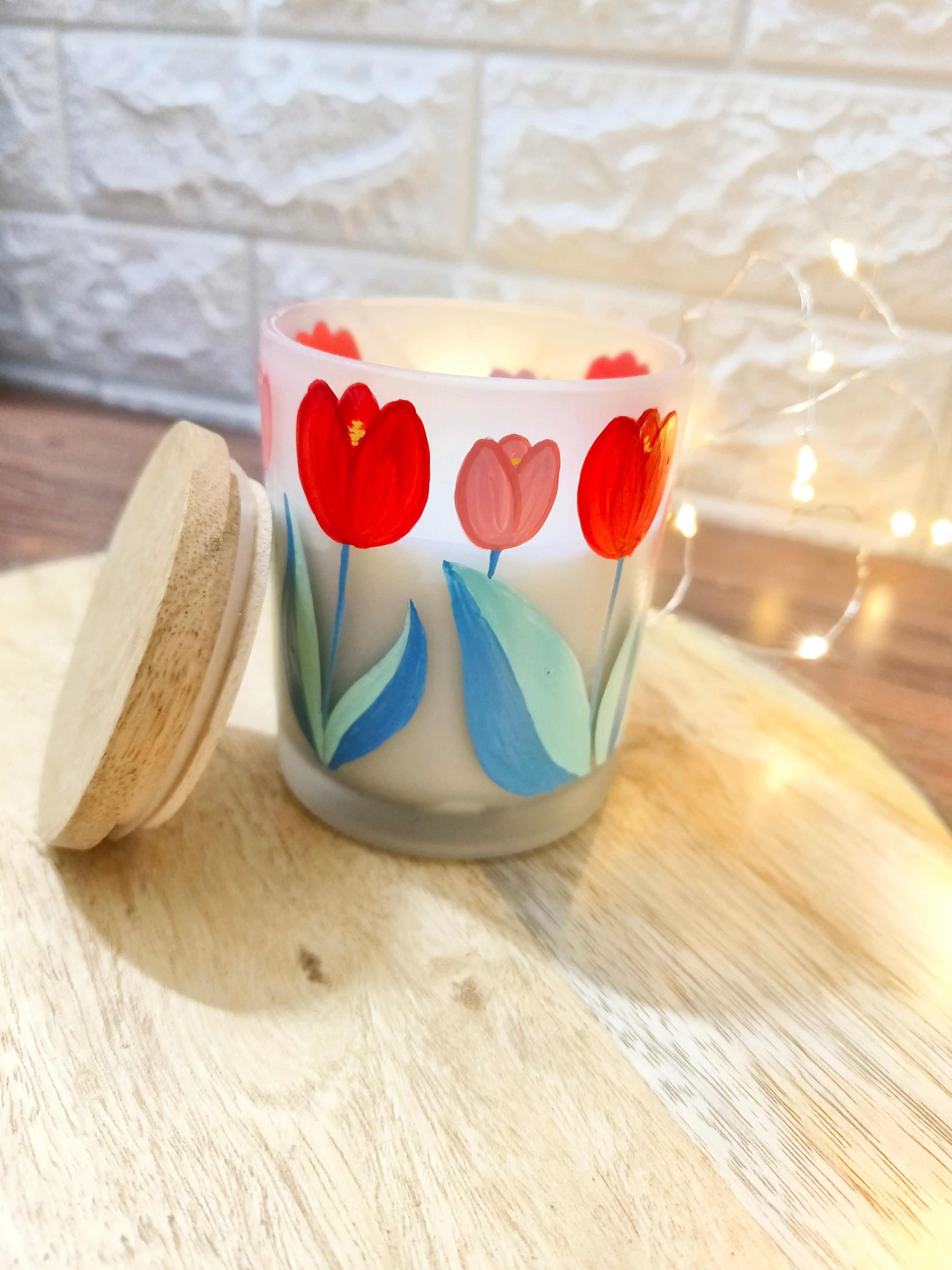 Hand-Painted Floral tulip pattern Candle Jar – Glass Candle Holder