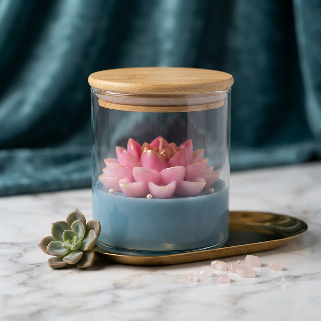 Hand-Poured Floral Soy Wax Candle in Glass Jar with Wooden Lid | 400ml Aesthetic Peony , Lotus Candle | Luxury Home Decor & Gift