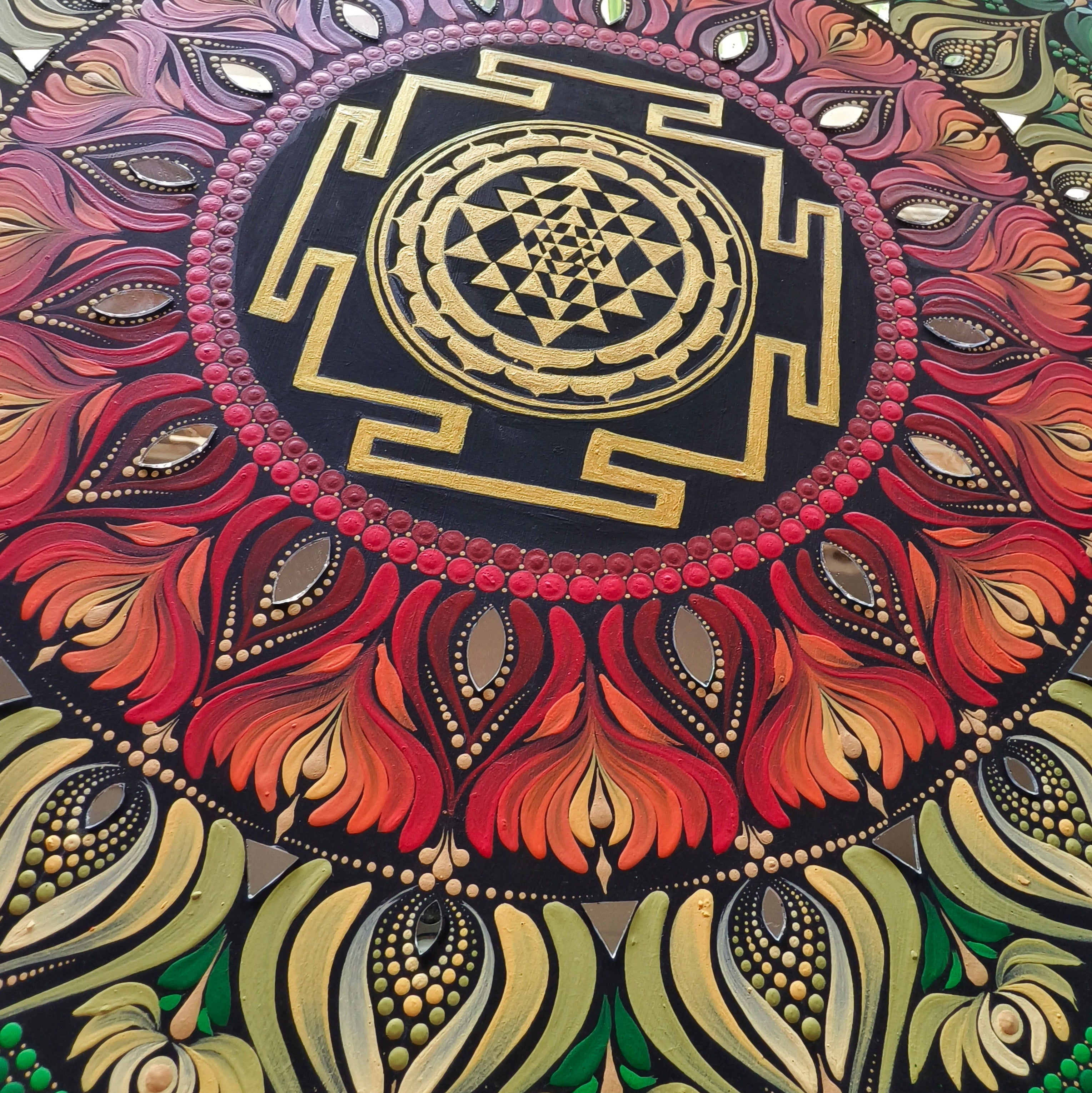 24" Sri Yantra Mandala Wall Art – 7 Chakra Colors Dot Art Painting on Wood – Square Rainbow Mandala with Mirror Accents – Meditative Zen Decor