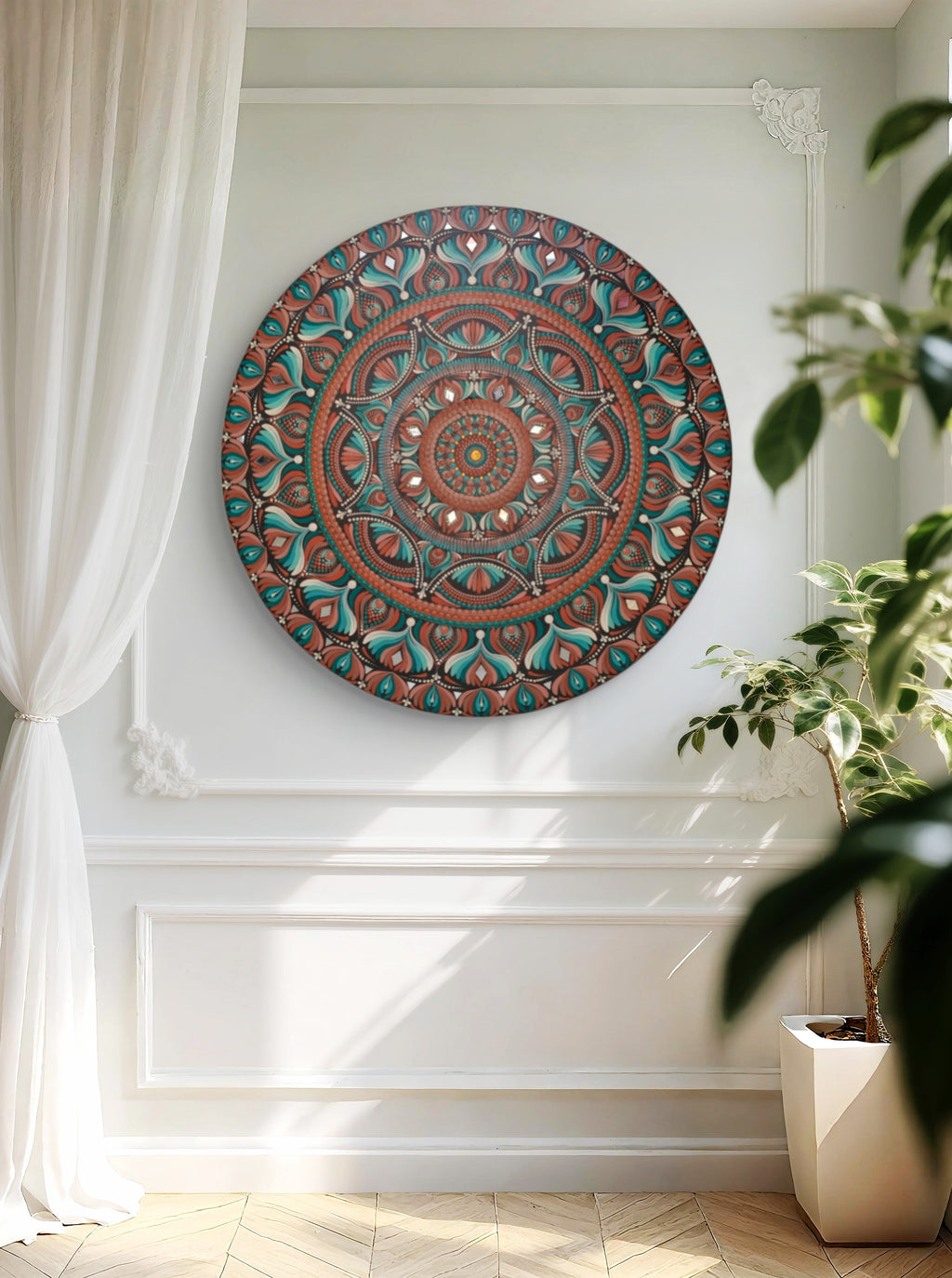 Original Hand-painted Dot Mandala Painting| 24" Teal, Orange, and Brown Bohemian Wall Art | Wall painting