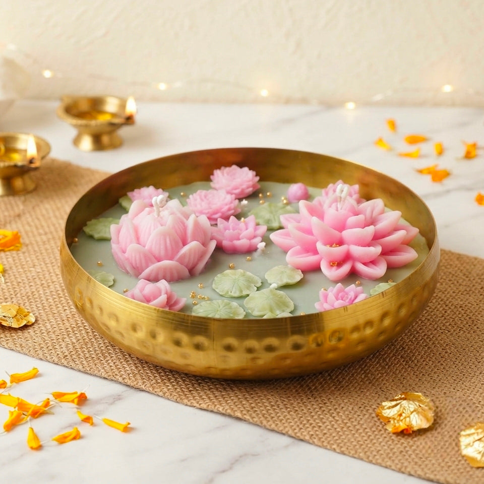 Large Lotus Urli Soy Wax Candle | Festive Diwali Decor & Gifting