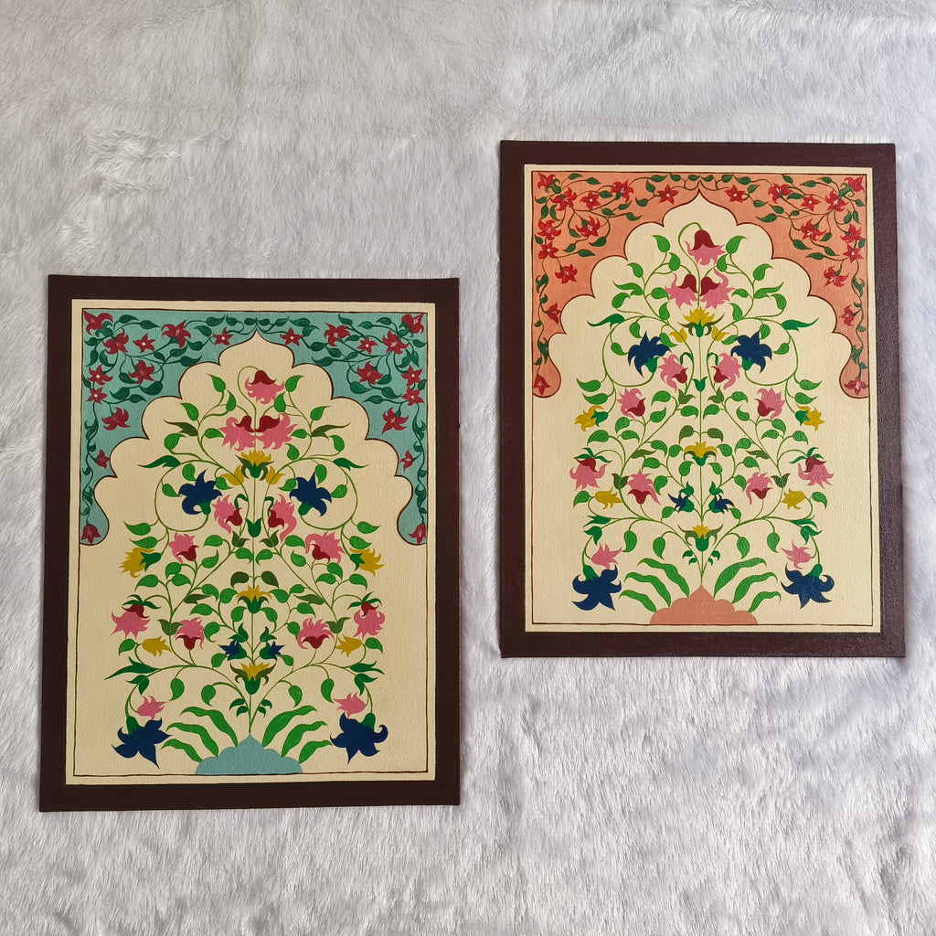 Hand-Painted Jharokha Floral Art | Traditional Indian Home Decor set of 2