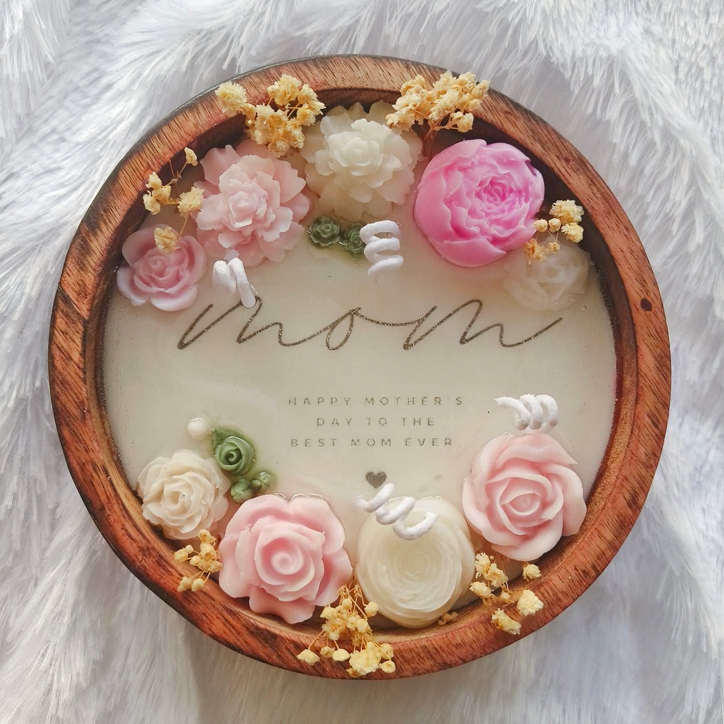 Handmade Mother’s Day Candle – 6" Wooden Dough Bowl Candle with 3D Floral Dough Art – Lavender Scented – "Happy mother's day to the Best Mom Ever" Personalized Gift for Her