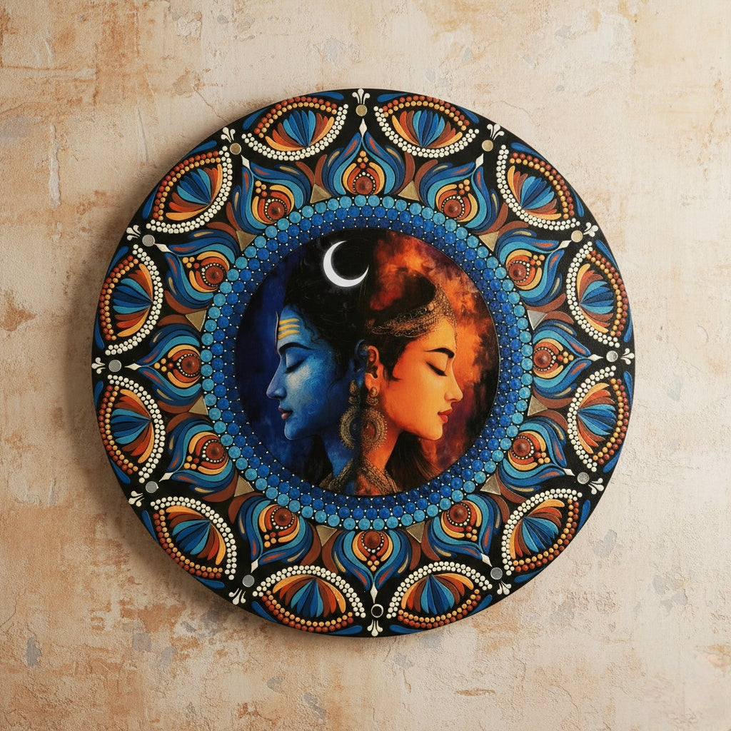 Shiv Shakti Dot Mandala Wall Art - 12 Inch Hand-Painted  - Hindu Spiritual Home Decor - Meditation Room Yoga Studio Art | Spiritual Gift