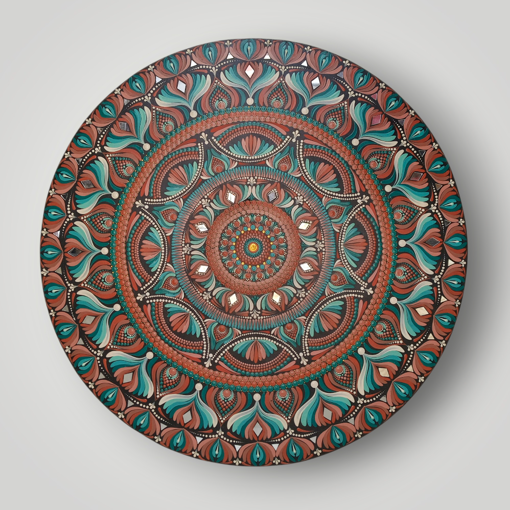 Original Hand-painted Dot Mandala Painting| 24" Teal, Orange, and Brown Bohemian Wall Art | Wall painting