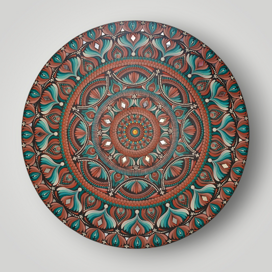 Original Hand-painted Dot Mandala Painting| 24" Teal, Orange, and Brown Bohemian Wall Art | Wall painting
