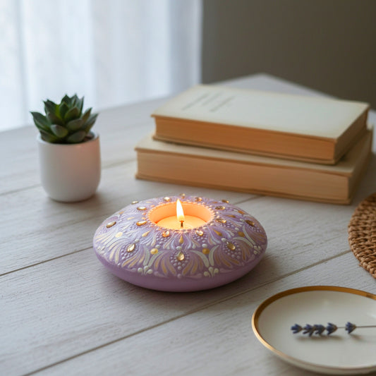 Hand-Painted Mandala purple T-Light Holder – Colorful Dot Art Candle Holder for Home Decor & Gifting