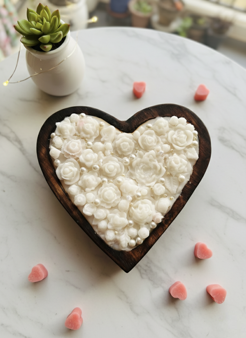 Hand-Poured Heart-Shaped Wooden Bowl Candle – Large White Rose & Pearl Artisanal Decor (15cm x 15cm)