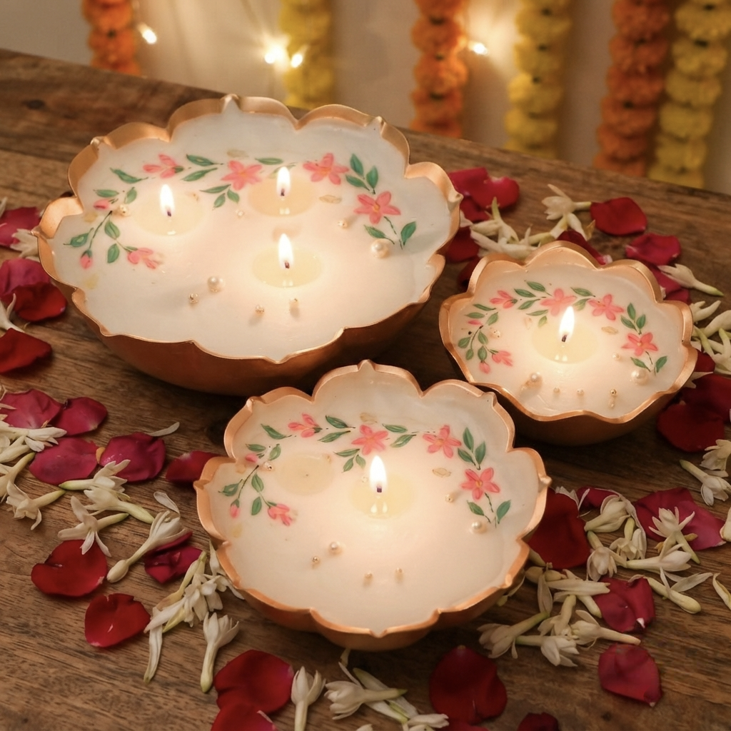 Hand-Painted Lotus Urli Candle Set – Set of 3 Decorative Floral Candles with Pearl Accents for Diwali Home Decor & Gifting