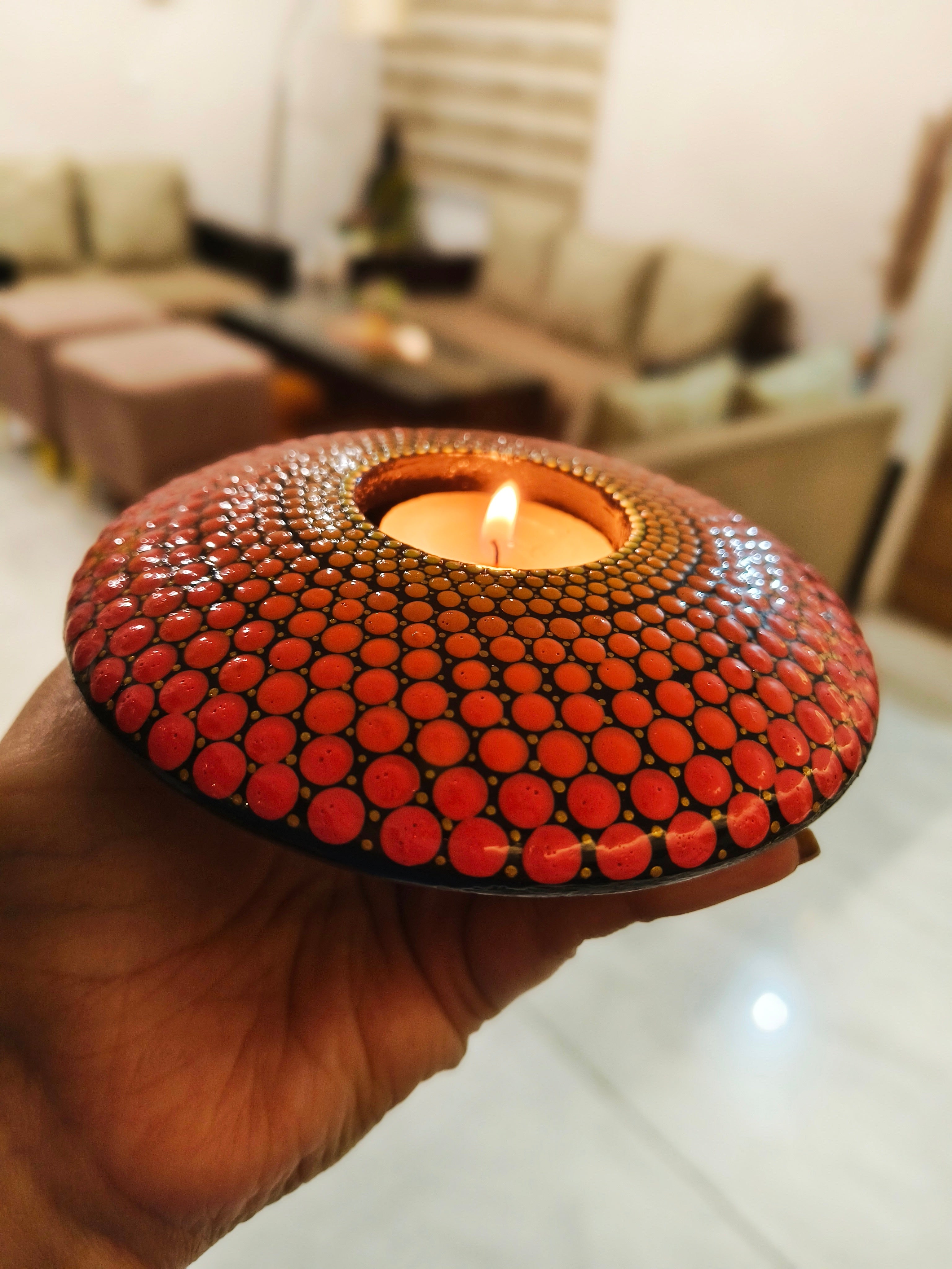 Hand-Painted Mandala T-Light Holder – Colorful Dot Art Candle Holder for Home Decor & Gifting