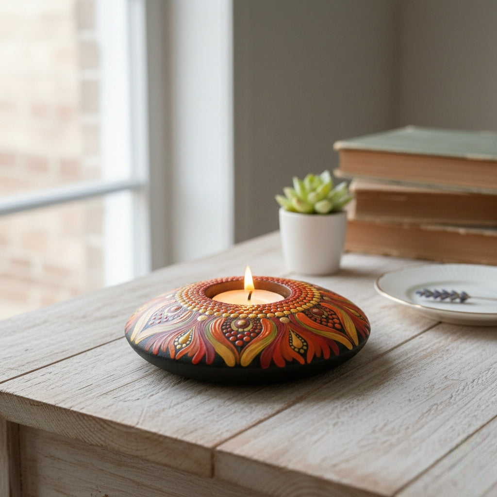 Hand-Painted Mandala Purple and Green T-Light Holder – Colorful Dot Art Candle Holder for Home Decor & Gifting