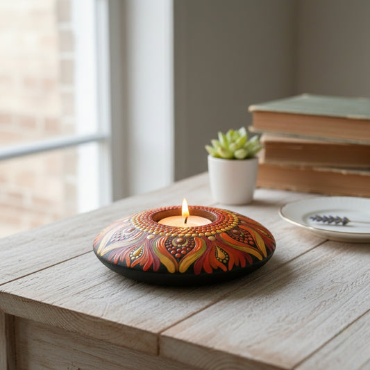 Hand-Painted Mandala Purple and Green T-Light Holder – Colorful Dot Art Candle Holder for Home Decor & Gifting