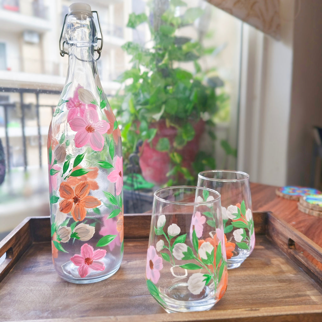 Handpainted Pastel Floral Pattern Glassware Set | Bottle and Tumblers, Gift set