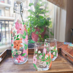 Handpainted Pastel Floral Pattern Glassware Set | Bottle and Tumblers, Gift set