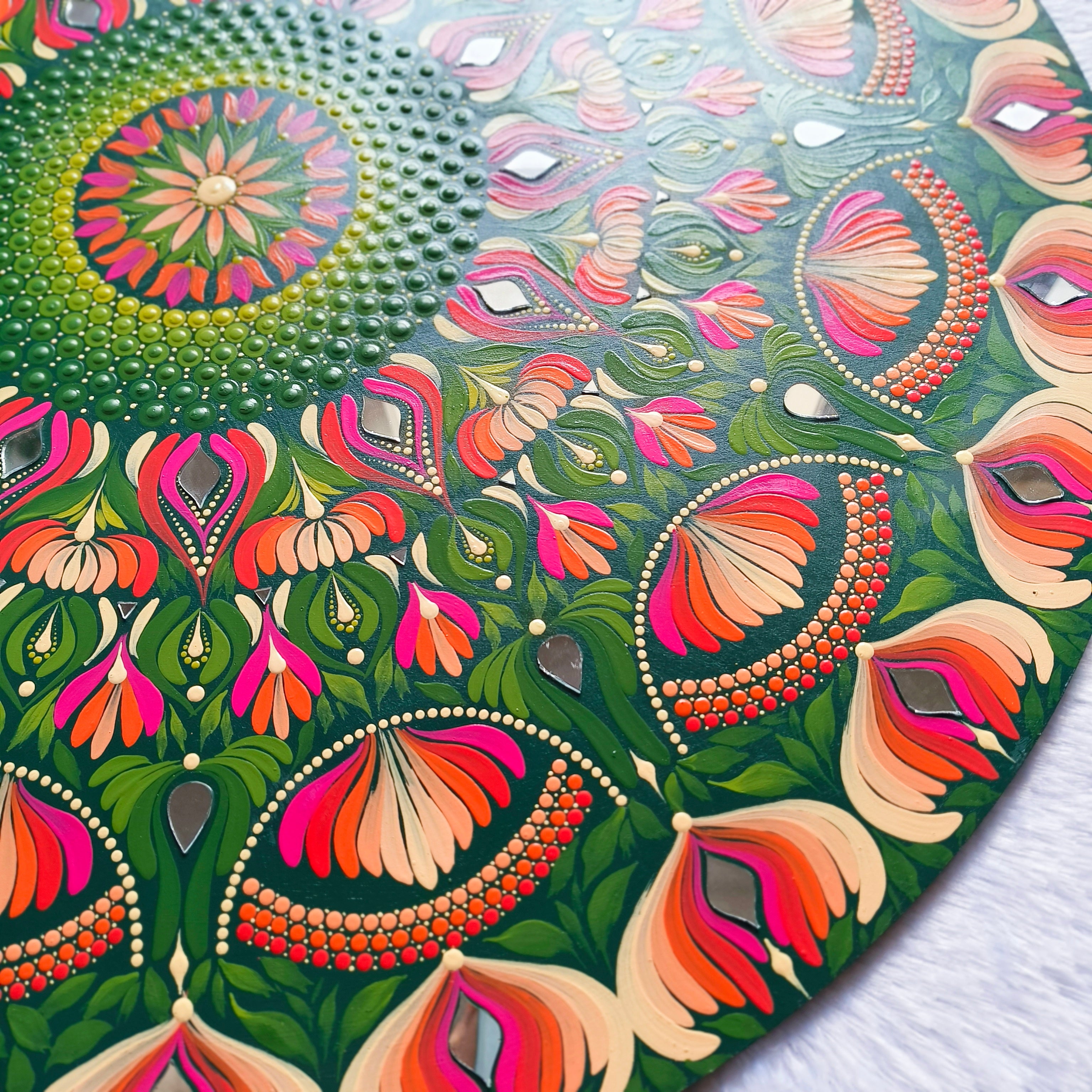 24-Inch Hand-Painted Dot Mandala Wooden Wall Art | Floral Leafy Pattern with Mirror Embellishments | Glossy Waterproof Finish | Zen Wall Art