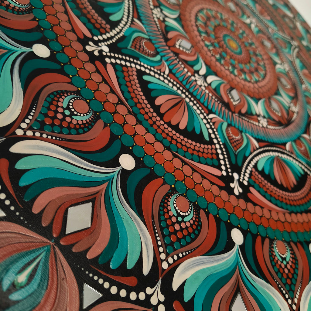 Original Hand-painted Dot Mandala Painting| 24" Teal, Orange, and Brown Bohemian Wall Art | Wall painting