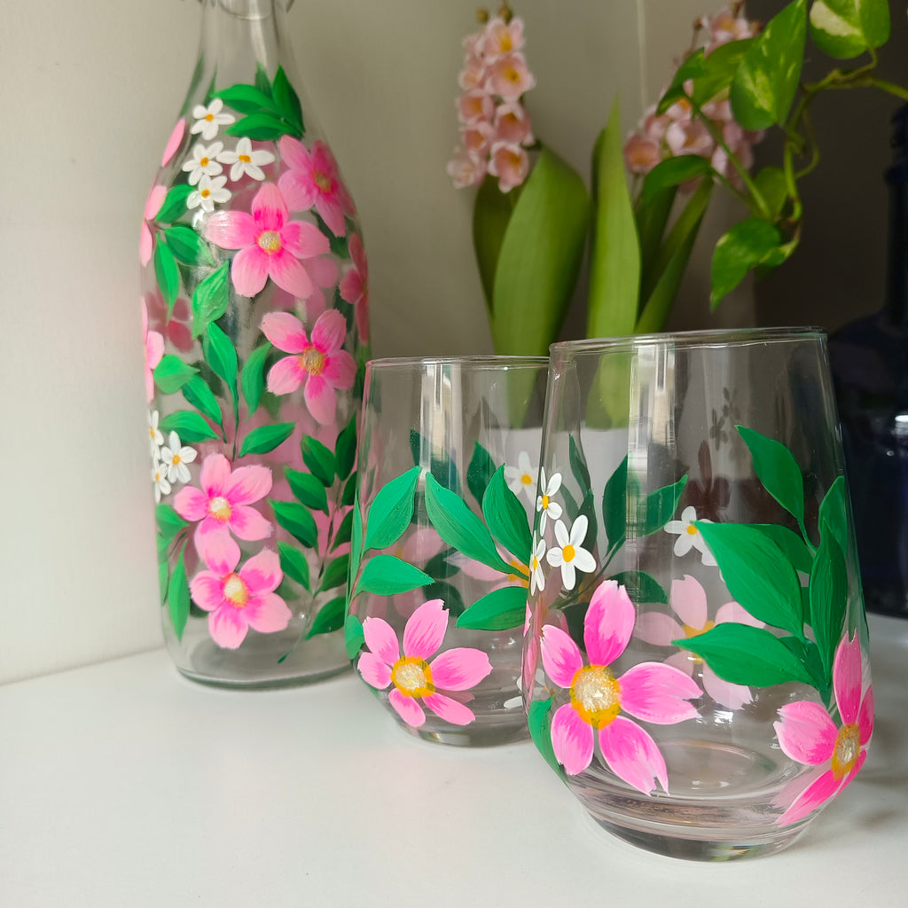 Handpainted Floral Pattern Glassware Set | Bottle and Tumblers, Gift set