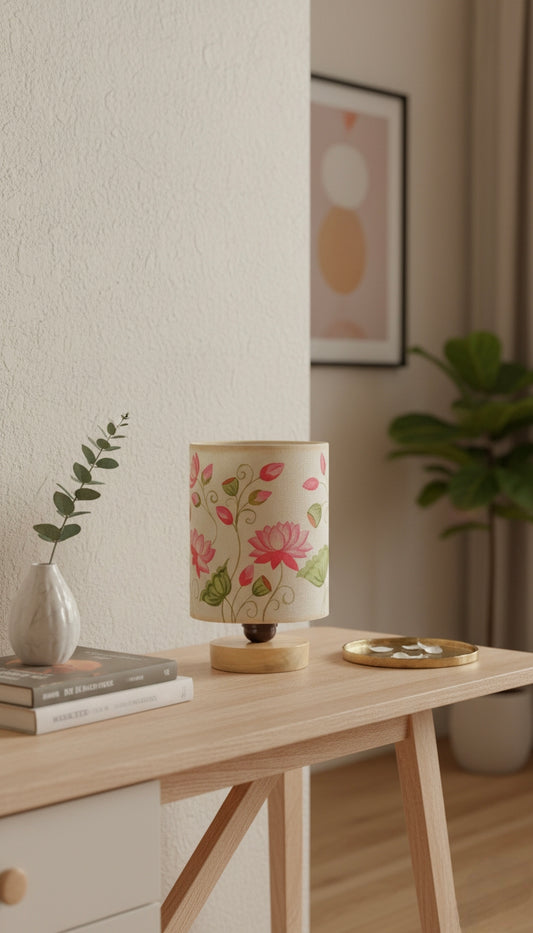 Hand-Painted Table Lamp Shade | Artisan pink Lotus pattern Desk Lamp