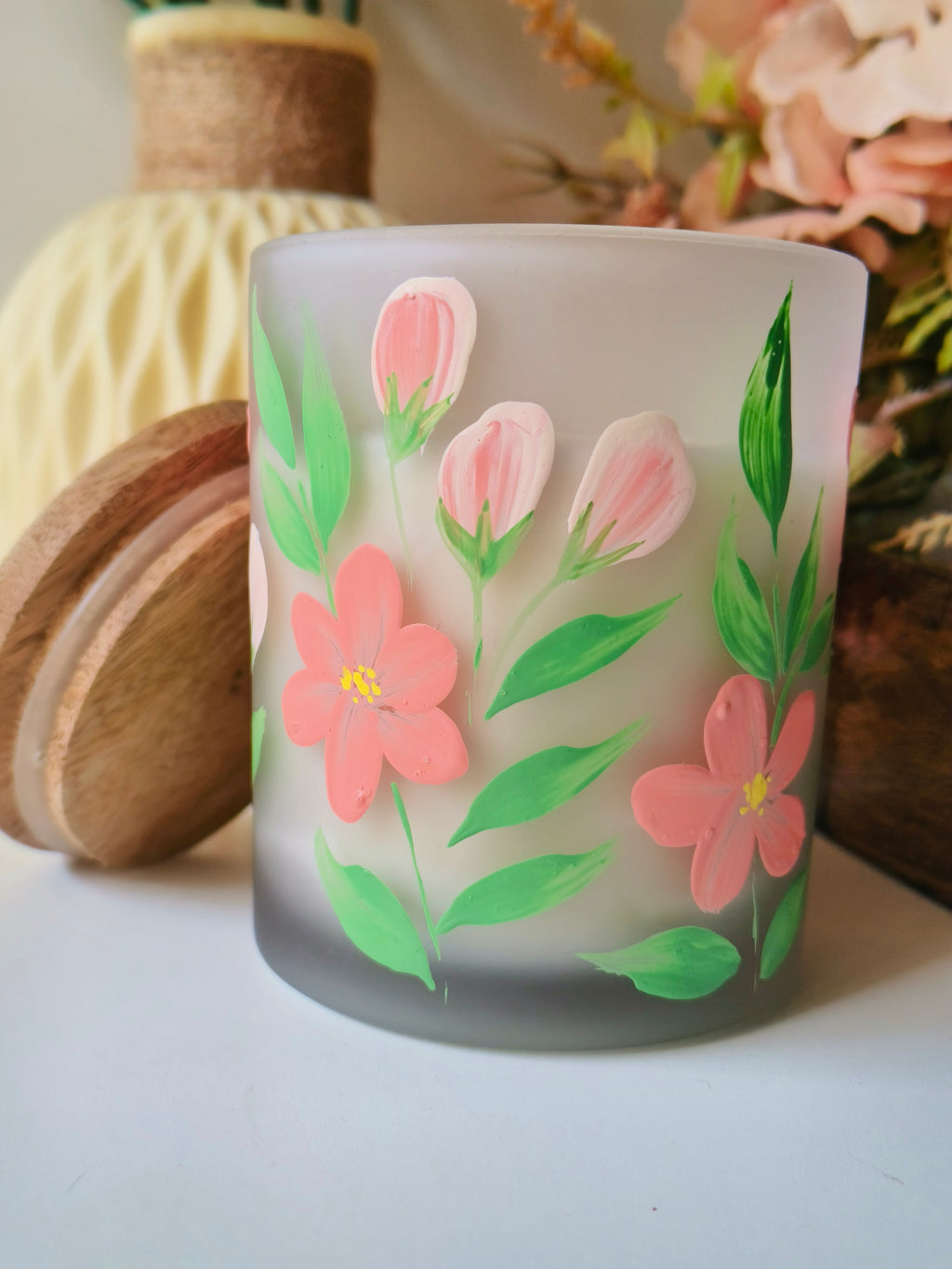 Hand-Painted Floral Candle Jar – Glass Candle Holder