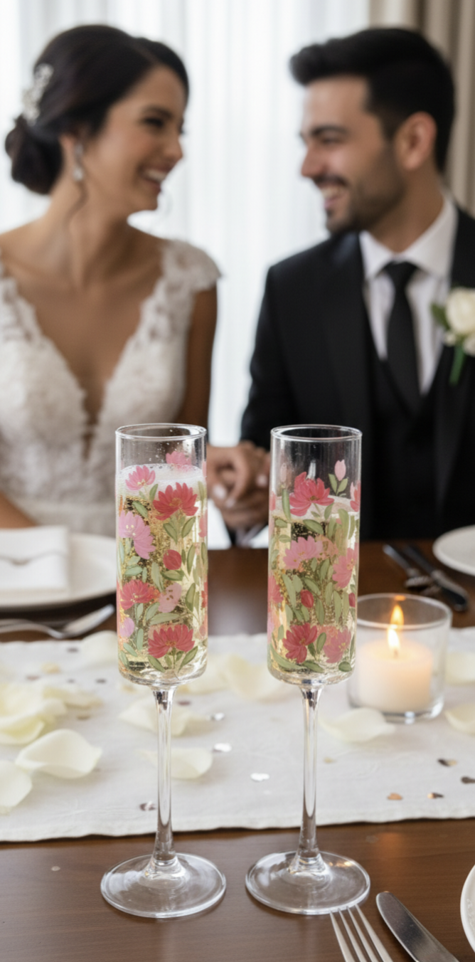 Hand-Painted Floral Champagne Flutes | Personalized Wedding Gift | Gift for couple| Set of 2