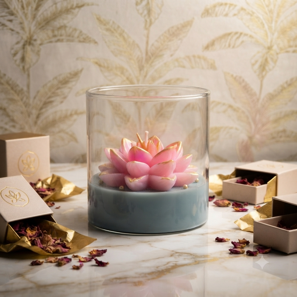 Hand-Poured Floral Soy Wax Candle in Glass Jar with Wooden Lid | 400ml Aesthetic Peony , Lotus Candle | Luxury Home Decor & Gift