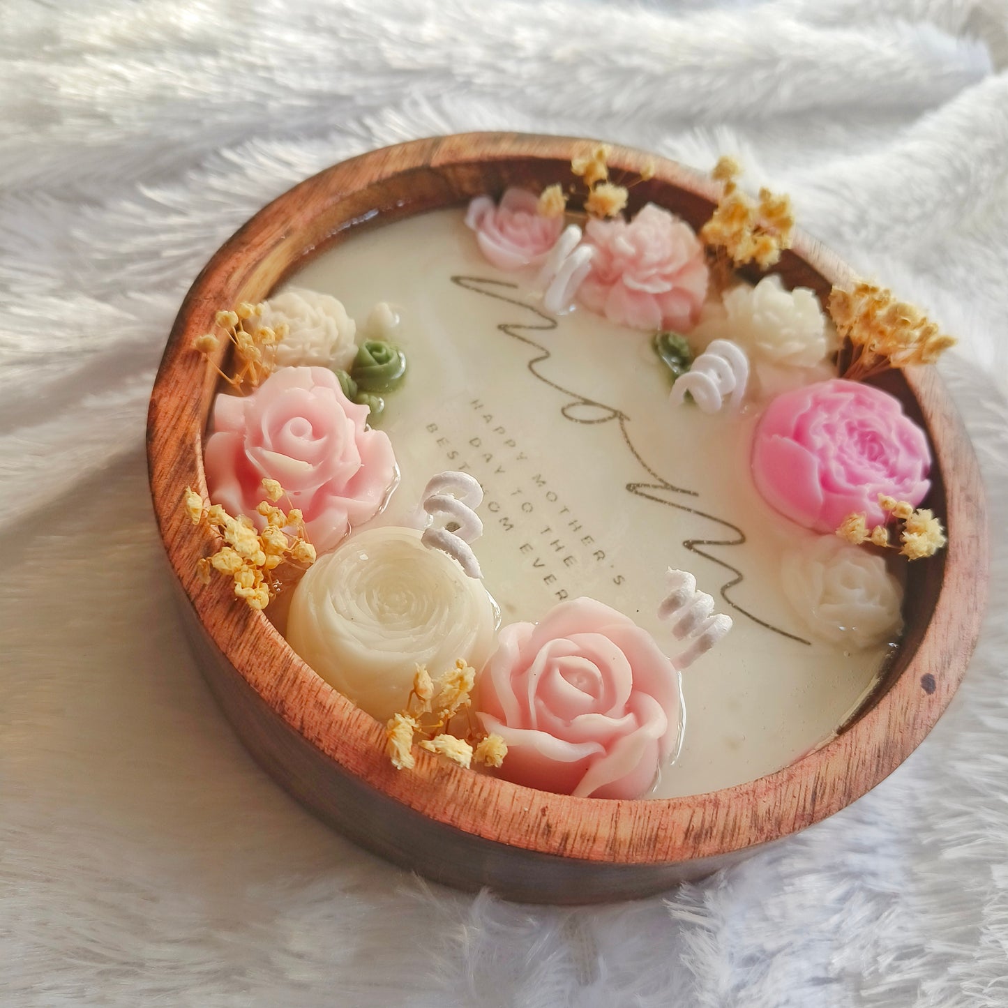 Handmade Mother’s Day Candle – 6" Wooden Dough Bowl Candle with 3D Floral Dough Art – Lavender Scented – "Happy mother's day to the Best Mom Ever" Personalized Gift for Her