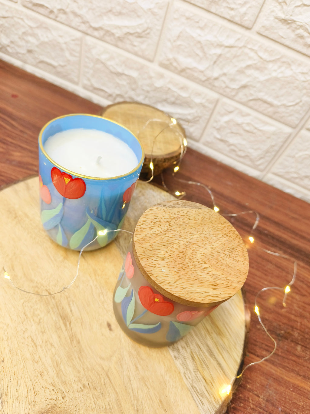Hand-Painted Floral tulip pattern Candle Jar – Glass Candle Holder