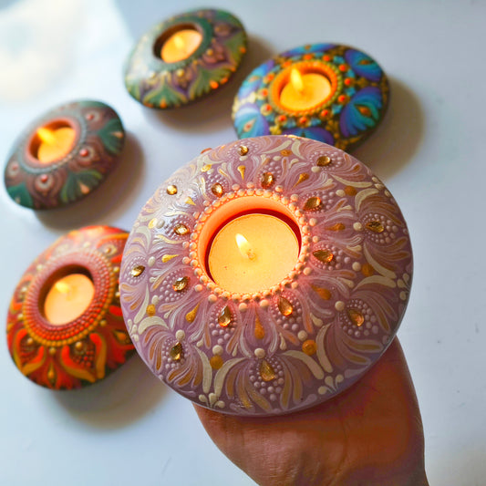 Hand-Painted Mandala purple T-Light Holder – Colorful Dot Art Candle Holder for Home Decor & Gifting
