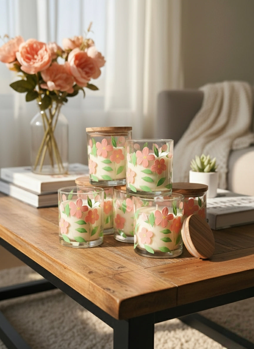 Hand-Painted Floral Candle Jar – Glass Candle Holder