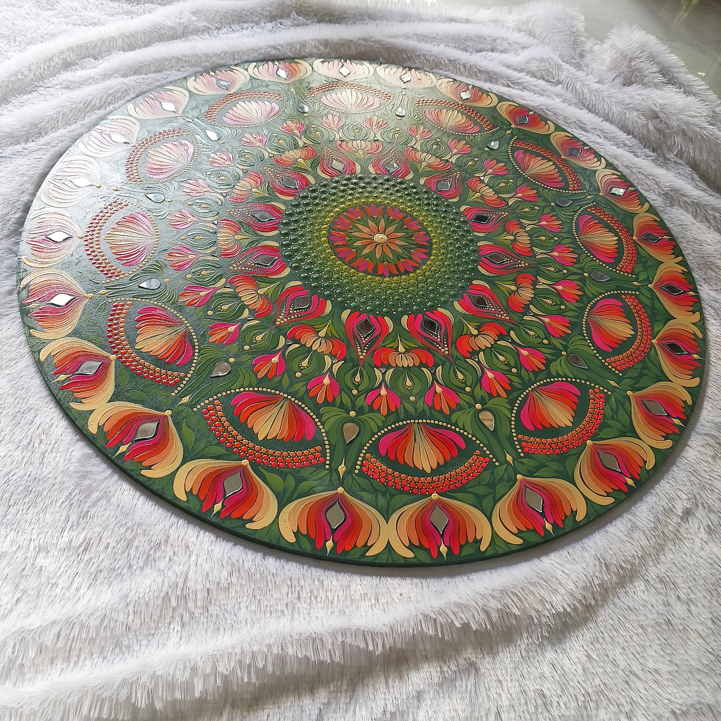 24-Inch Hand-Painted Dot Mandala Wooden Wall Art | Floral Leafy Pattern with Mirror Embellishments | Glossy Waterproof Finish | Zen Wall Art