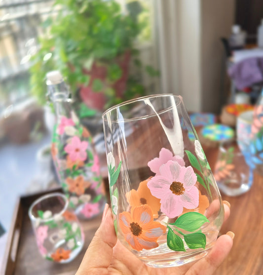 Handpainted Pastel Floral Pattern Glassware Set | Bottle and Tumblers, Gift set