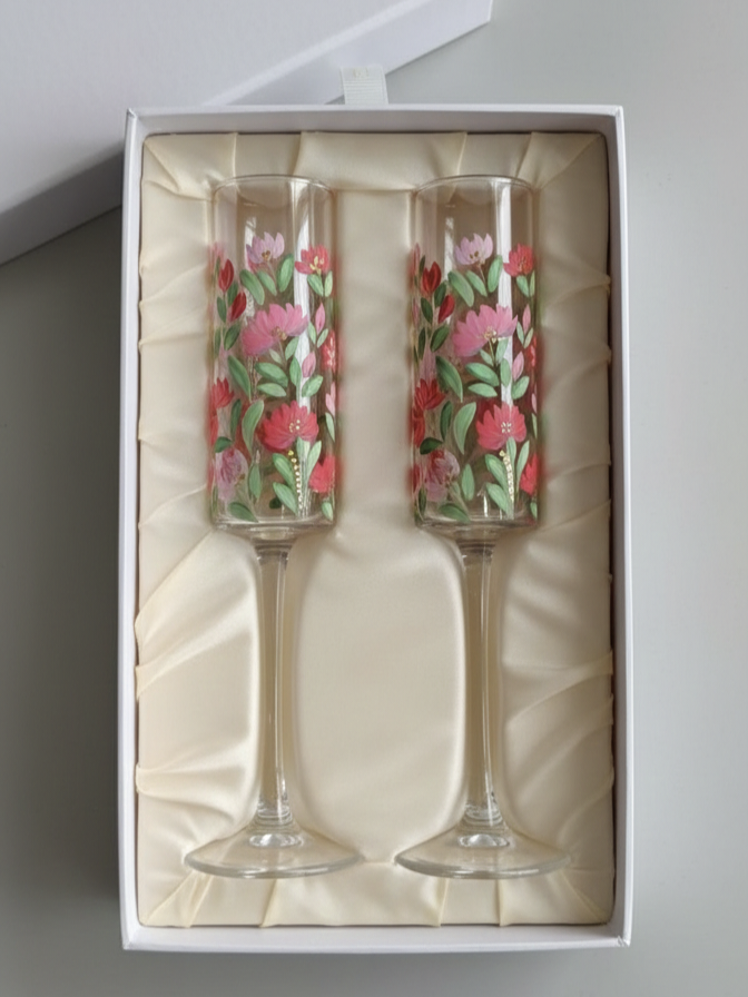 Hand-Painted Floral Champagne Flutes | Personalized Wedding Gift | Gift for couple| Set of 2