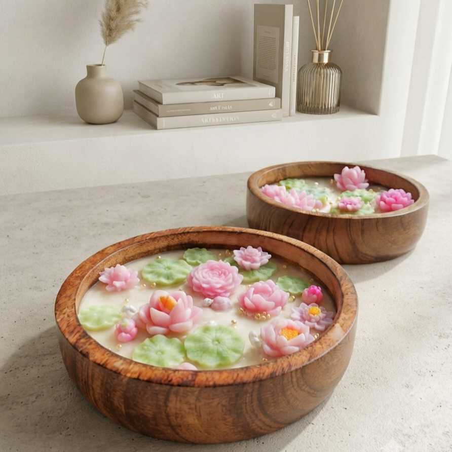 Lotus Pond Wooden Dough Bowl Candle | Luxury Soy Wax Decor
