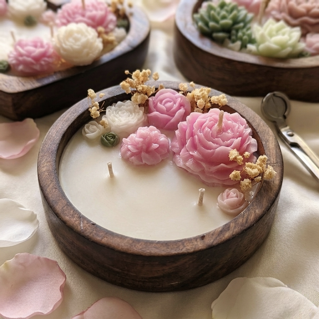 Handmade Wooden Dough Bowl Candle with Floral Embellishment  - Personalized message candle - lavender fragrance