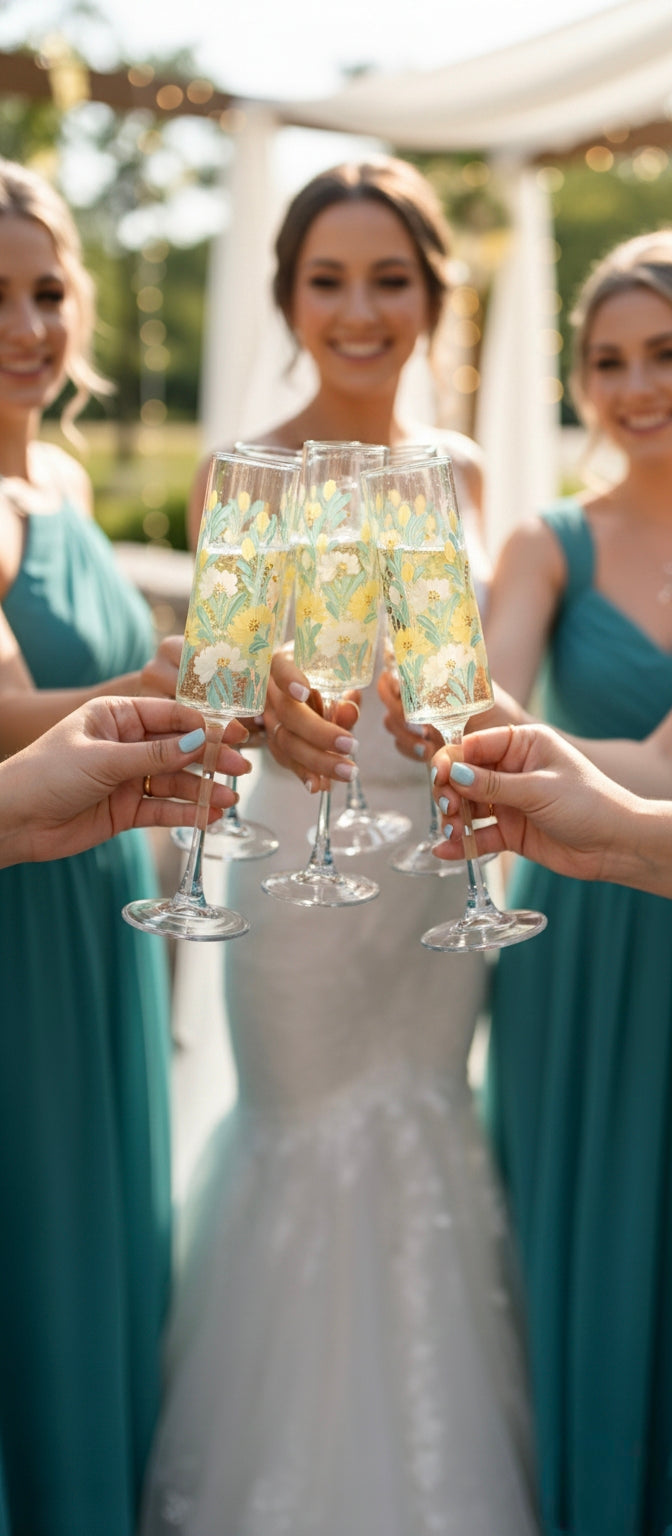 Hand-Painted Floral Champagne Flutes | Personalized Wedding Gift | Set of 2