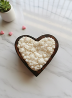 Hand-Poured Heart-Shaped Wooden Bowl Candle – Large White Rose & Pearl Artisanal Decor (15cm x 15cm)