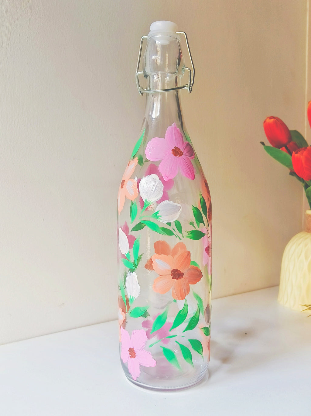 Handpainted Pastel Floral Pattern Glassware Set | Bottle and Tumblers, Gift set