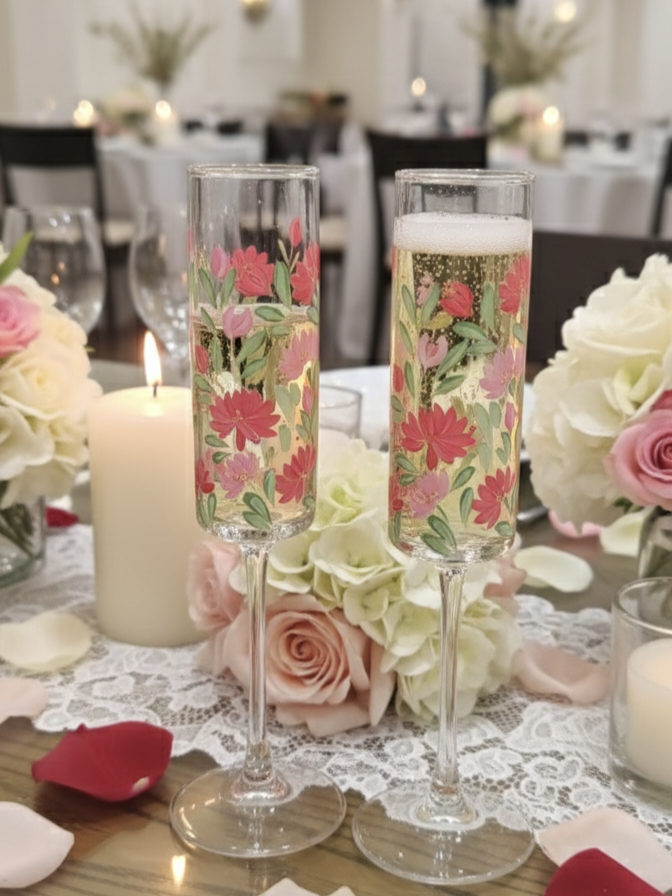 Hand-Painted Floral Champagne Flutes | Personalized Wedding Gift | Gift for couple| Set of 2