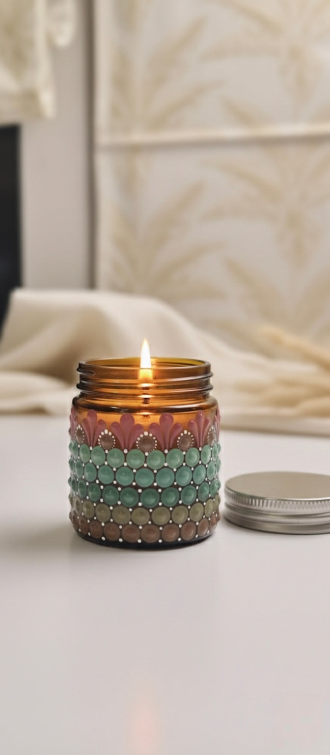 Hand-Painted Mandala Dot Art Scented Candle - Amber Glass, Soy Wax
