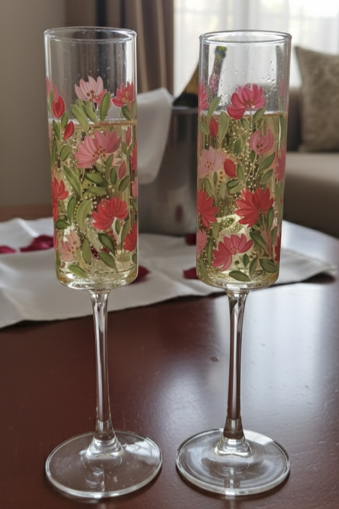 Hand-Painted Floral Champagne Flutes | Personalized Wedding Gift | Gift for couple| Set of 2