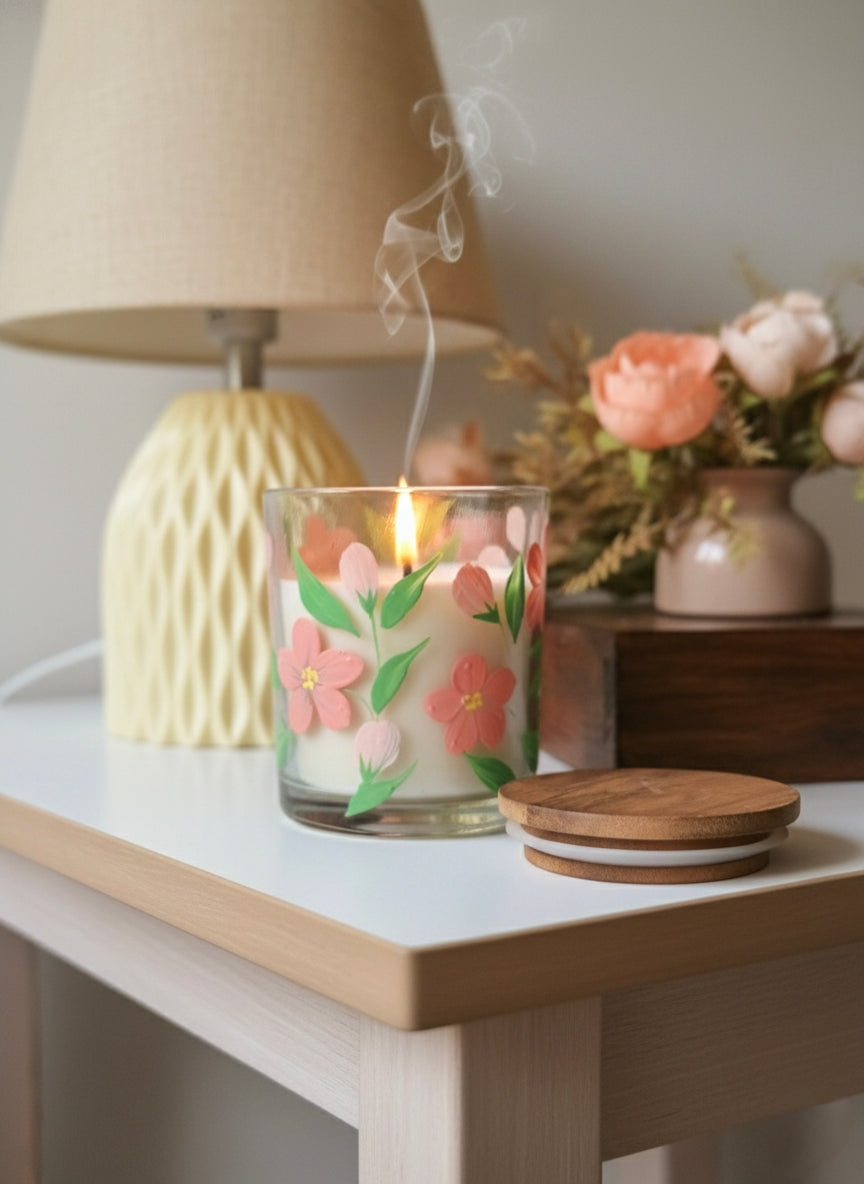Hand-Painted Floral Candle Jar – Glass Candle Holder