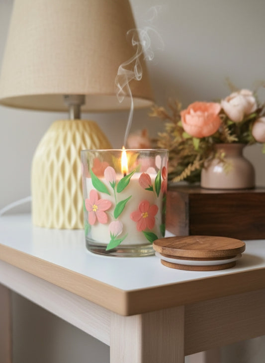 Hand-Painted Floral Candle Jar – Glass Candle Holder