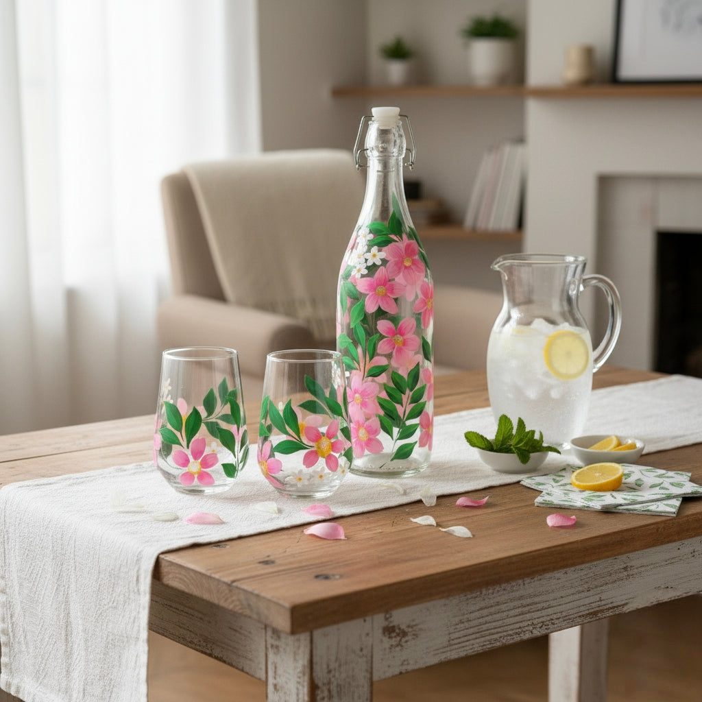Handpainted Floral Pattern Glassware Set | Bottle and Tumblers, Gift set