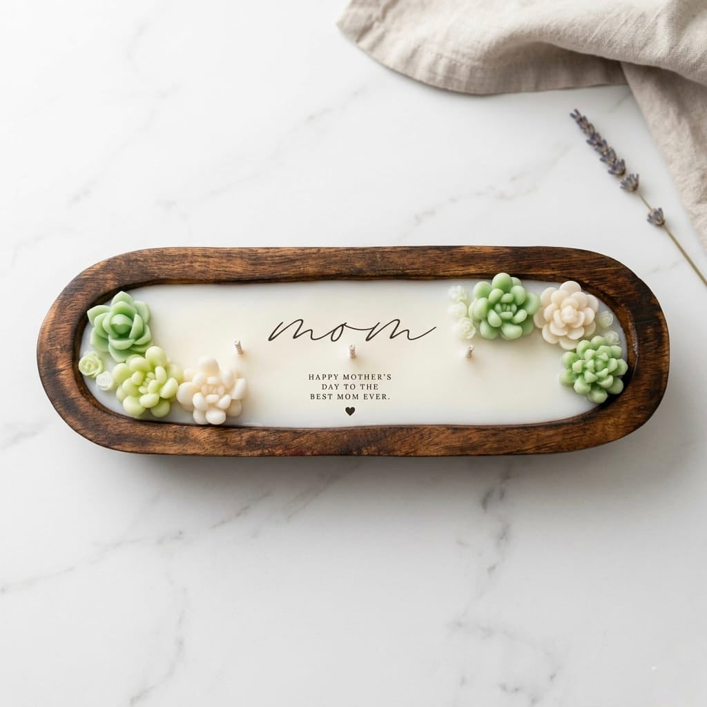Personalized Succulent Dough Bowl Candle – 12x4 Custom Wooden Candle (Lavender Scent)